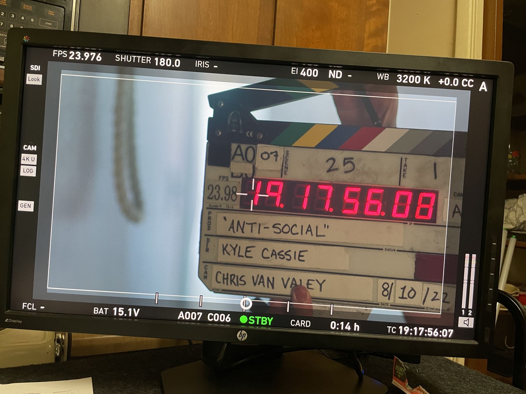 The monitor and slate on set
