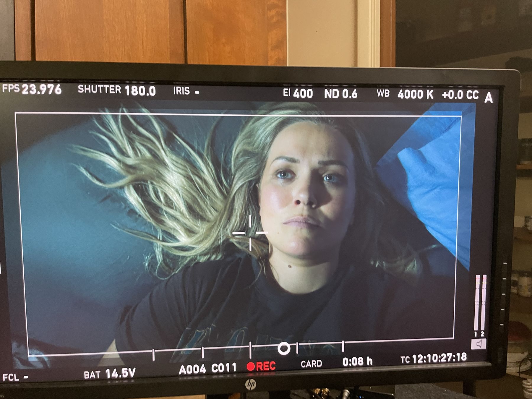 Juniper on the monitor during a take