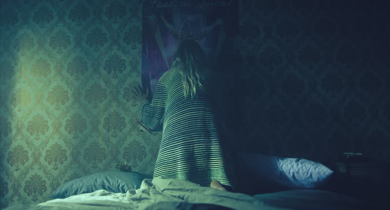 Juniper’s bedroom in teal night light, still from ANTi-SOCiAL