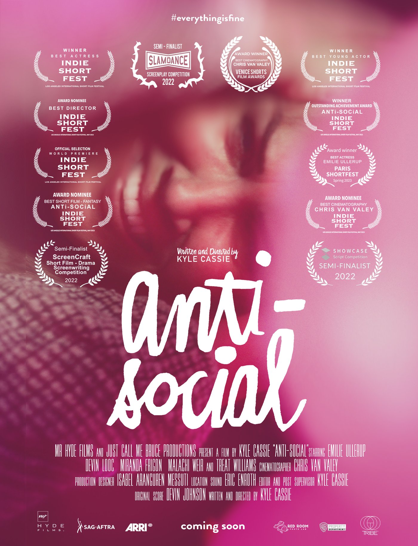ANTi-SOCiAL poster, title over a pink close-up, festival laurels around it